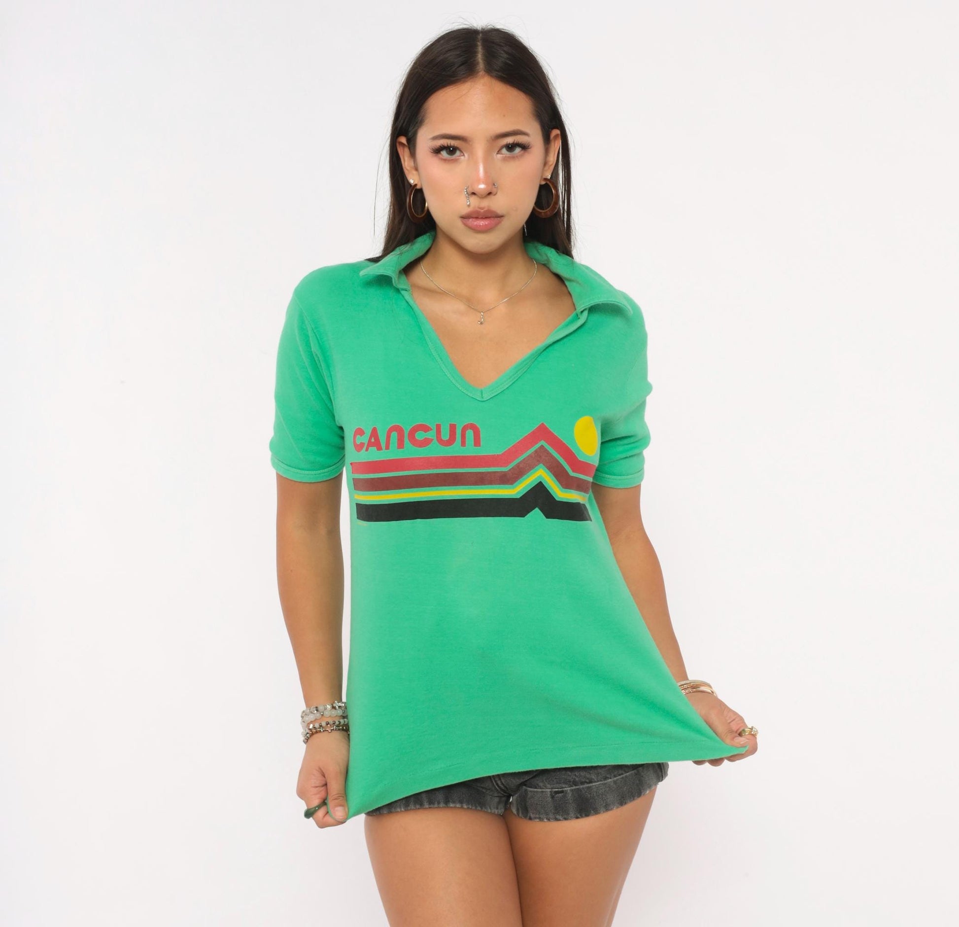 80s Zaky Sport Cancun Sunset Polo Green V-Neck Graphic Shirt Medium