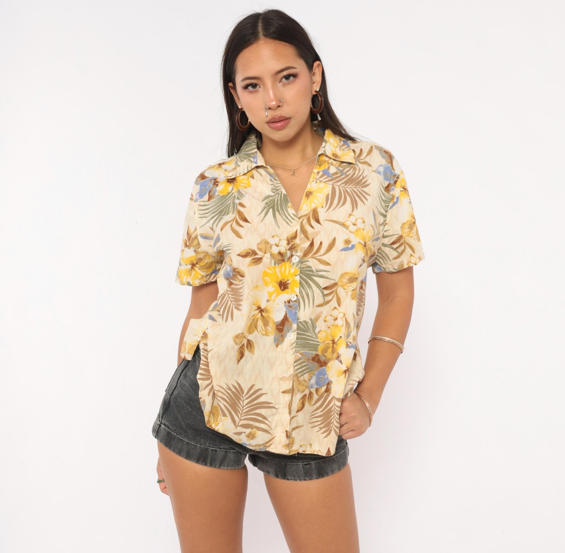 2000s Erika Hawaiian Camp Collar Shirt Cream Floral Yellow Palm Large L