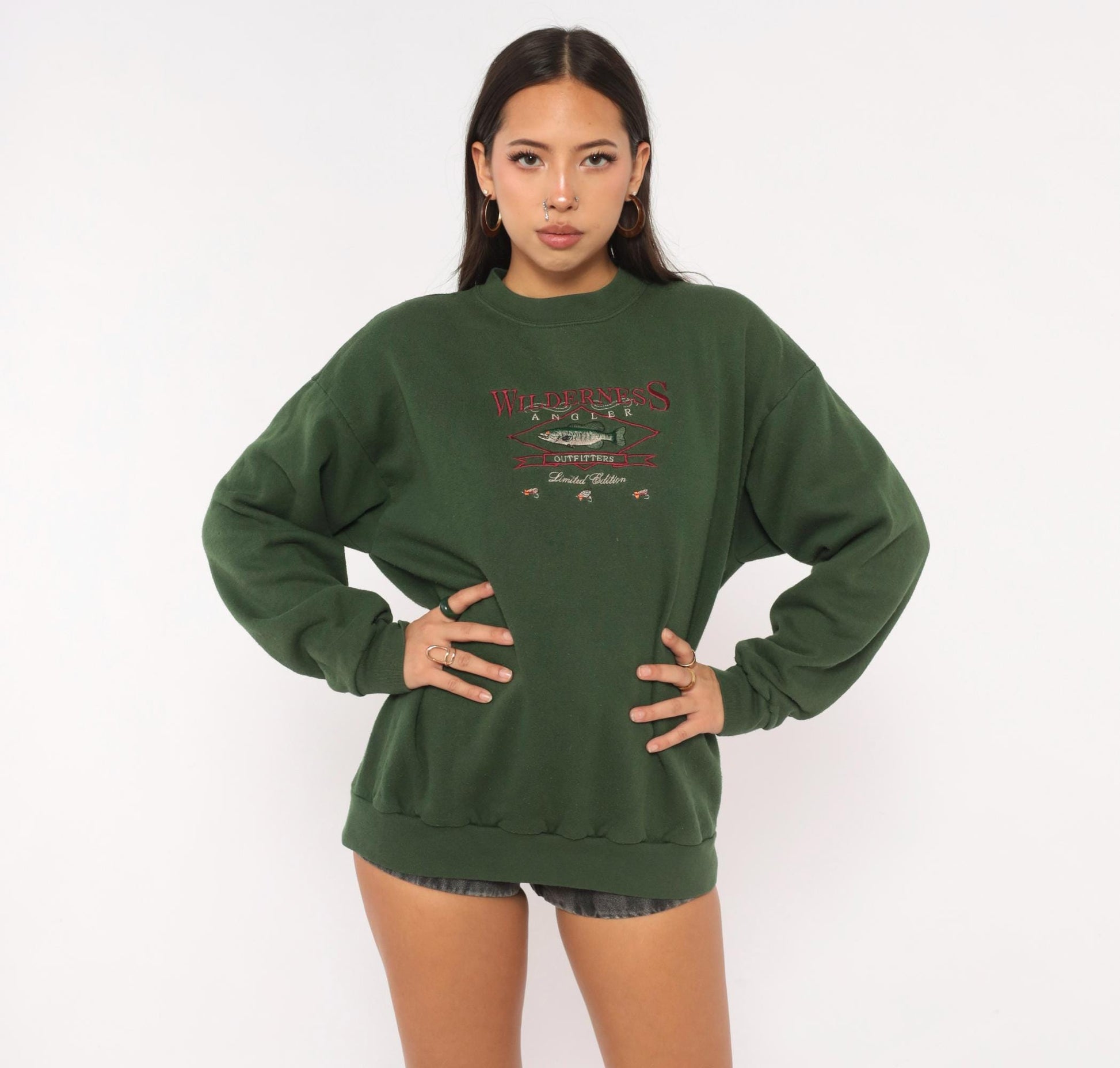 90s Tultex Wilderness Angler Embroidered Fish Sweatshirt Olive Green Large L