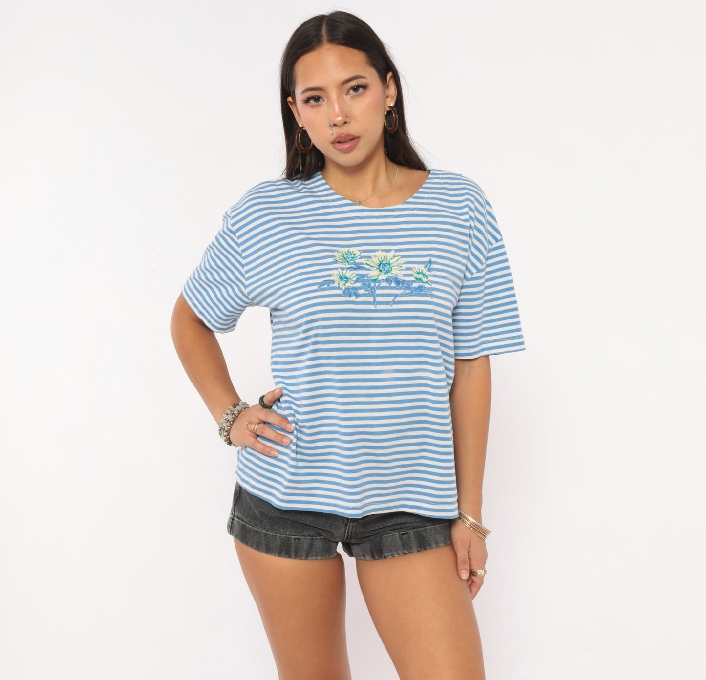 90s Shenanigans Blue White Striped Floral Embroidered Tee Large