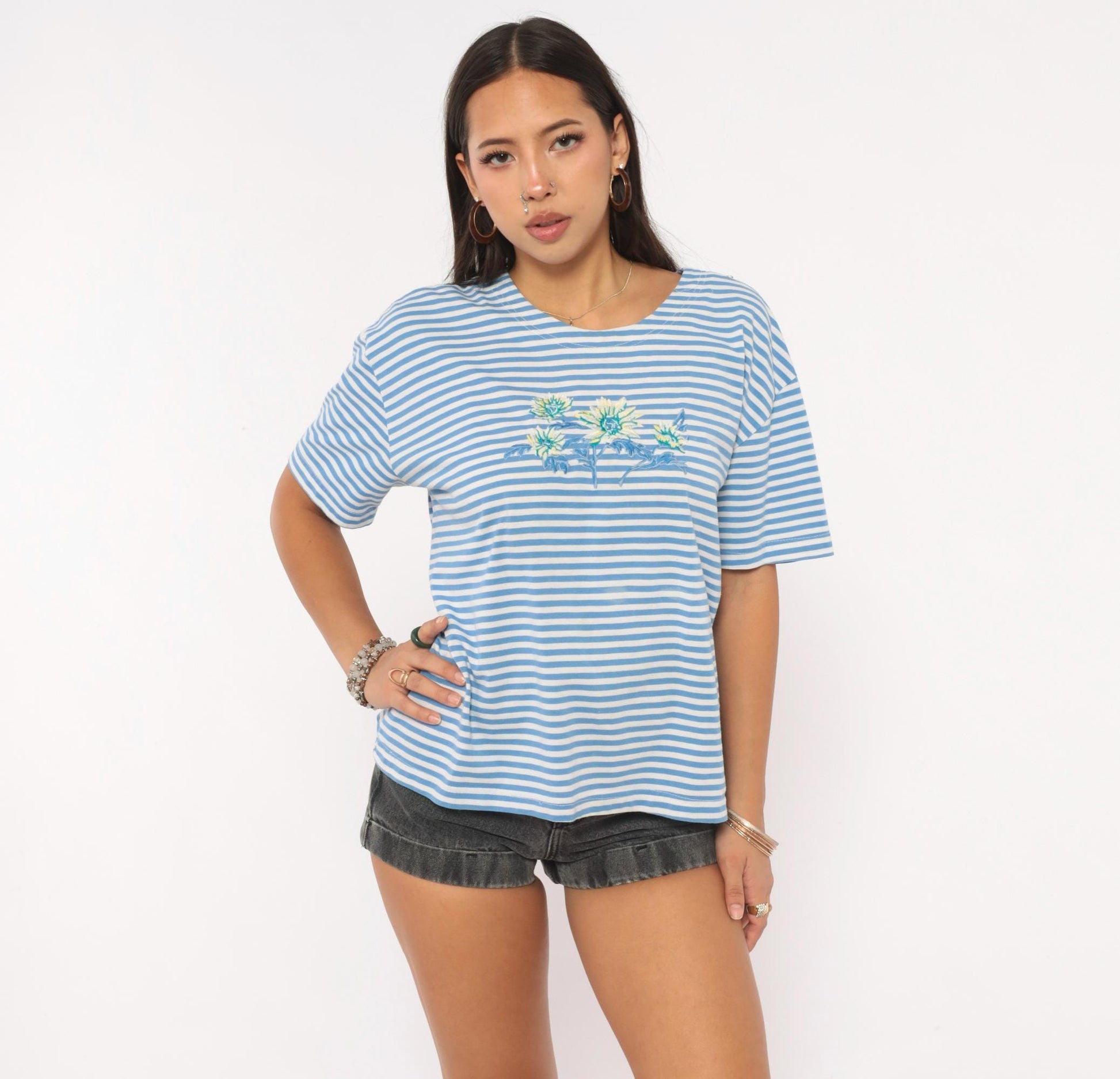 90s Shenanigans Blue White Striped Floral Embroidered Tee Large