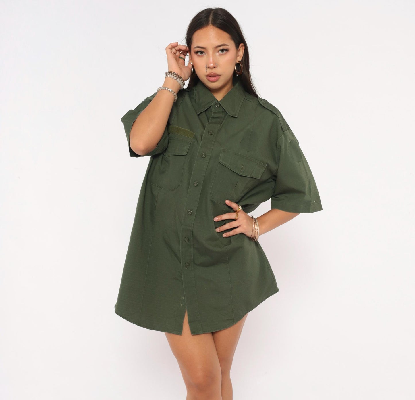 90s Camco Military Shirt Olive Green Button-Up Utility Epaulette Extra Large