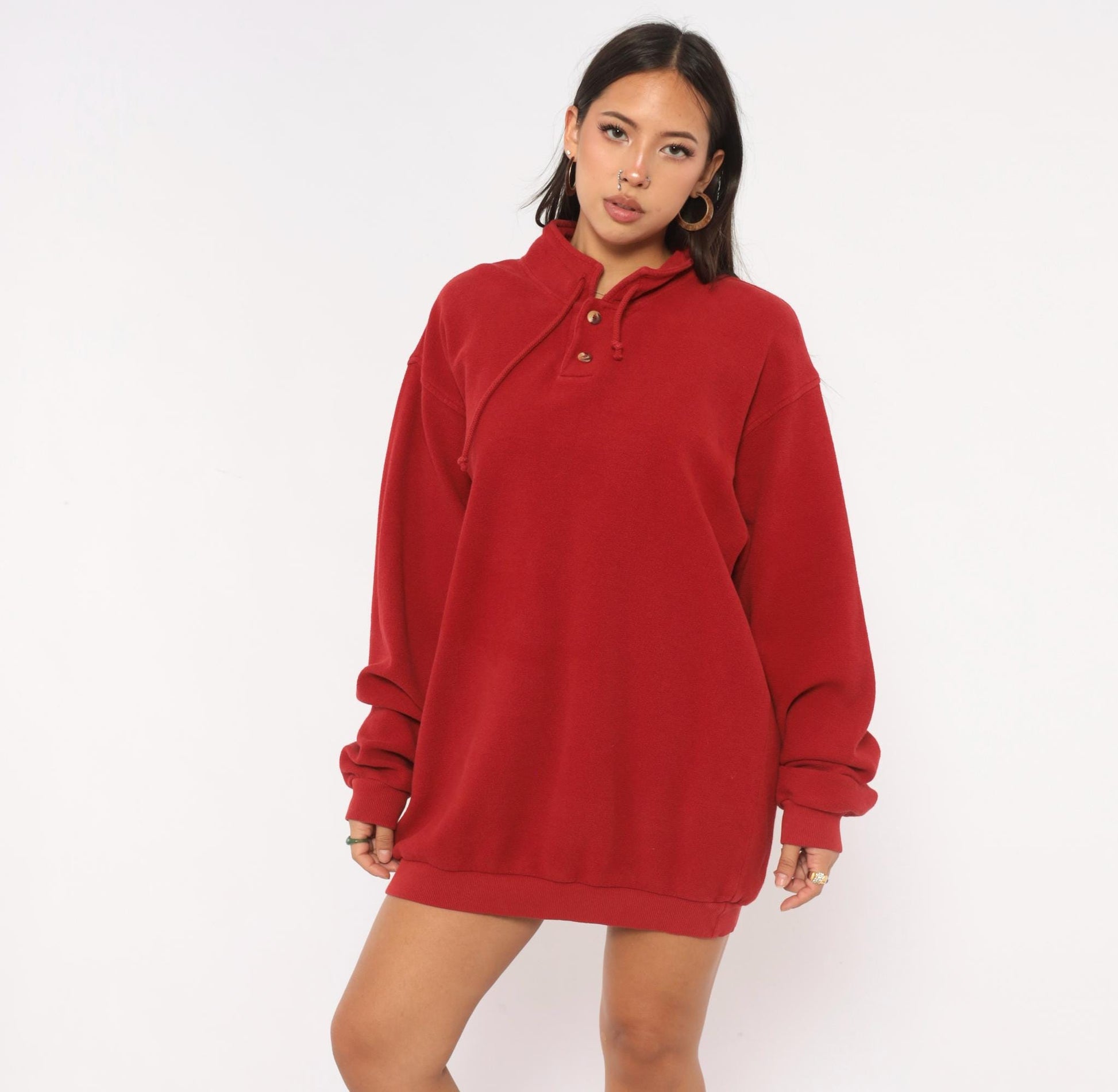 90s Crazy Shirt Cranberry Henley Sweatshirt Cotton Mock Neck Drawstring Large L