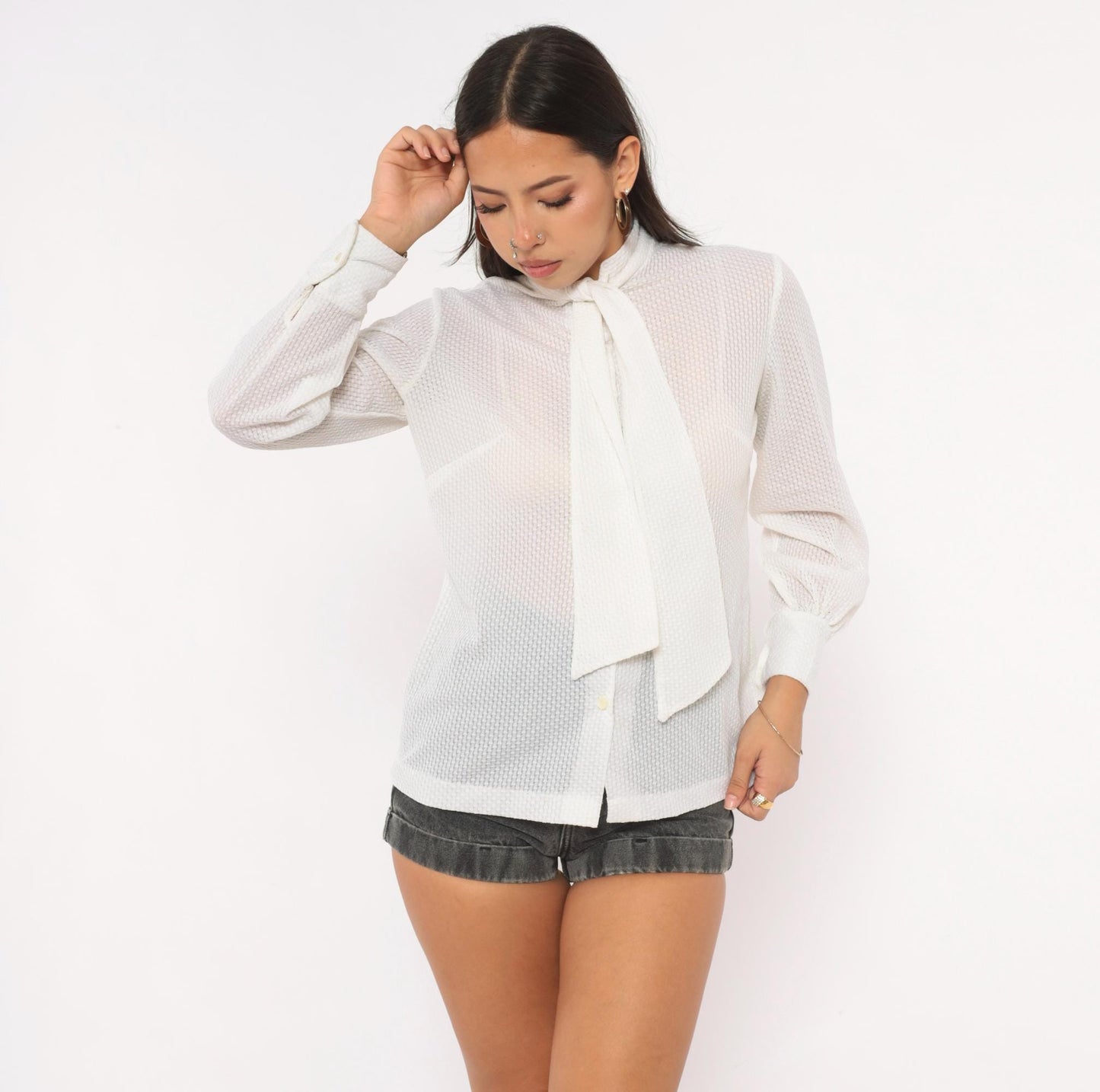 70s White Ascot Bow Blouse Sheer Bishop Sleeve Button Front Medium