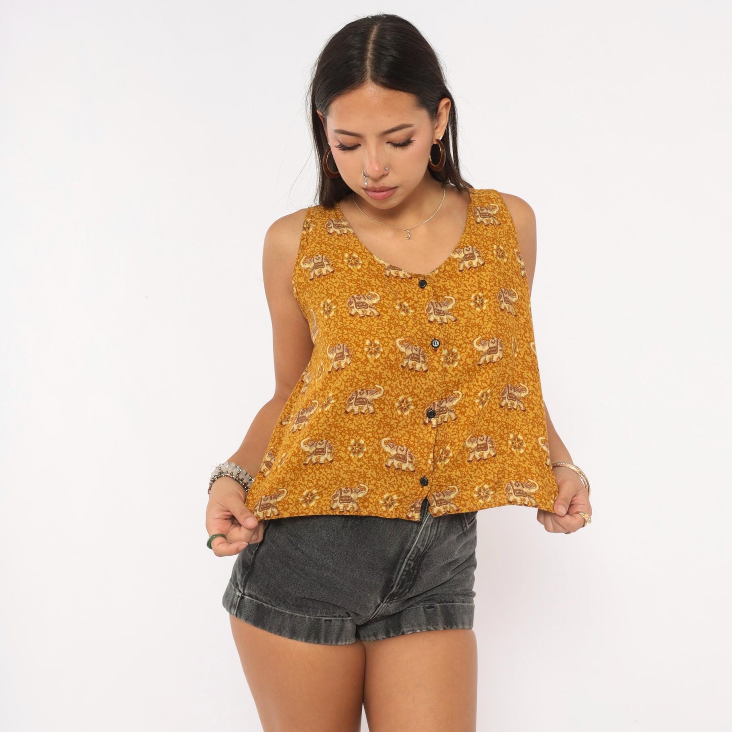 Y2K Dream Island Elephant Print Tank Top Mustard Gold Large L