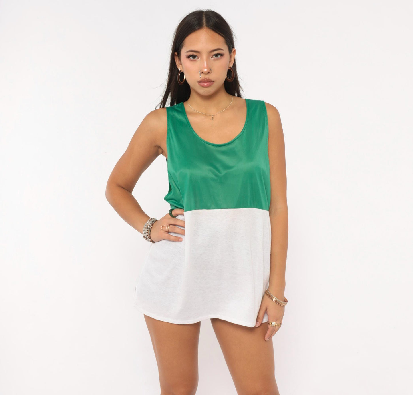 80s Insport Color Block Tank Top Green White Mesh Cotton Extra Large XL