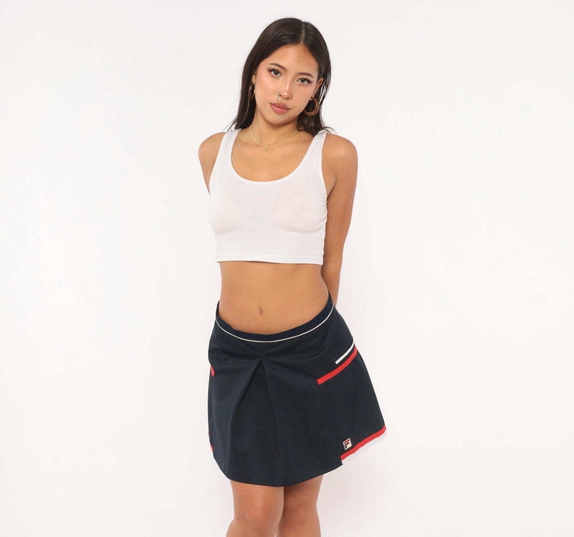 90s Fila Tennis Skirt Navy Pleated Mini Red White Stripe Trim Large L