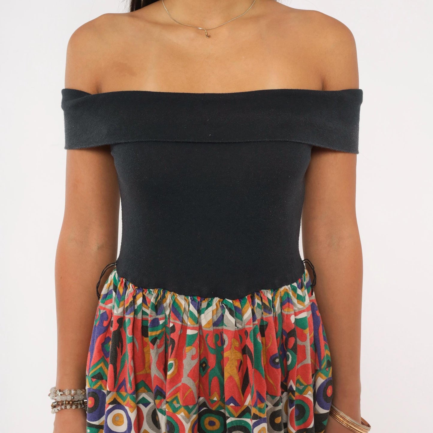 90s Victoria Off-Shoulder Dress Black Multicolor Fish Print Knee-Length Small S