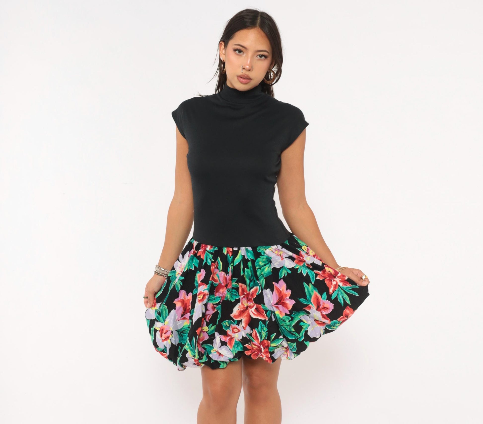 80s Byer Too! Floral Bubble Mini Dress Mock Neck Cap Sleeve Black Small