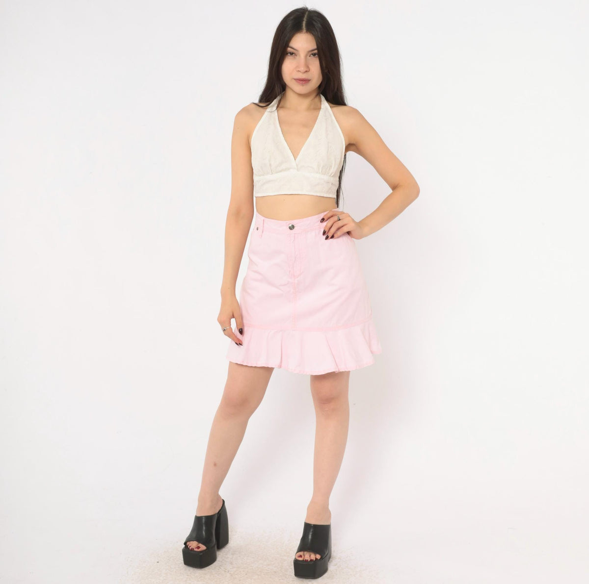 90s Faded Glory Pink Cotton Skort High Waist Ruffled Mini Extra Large XL