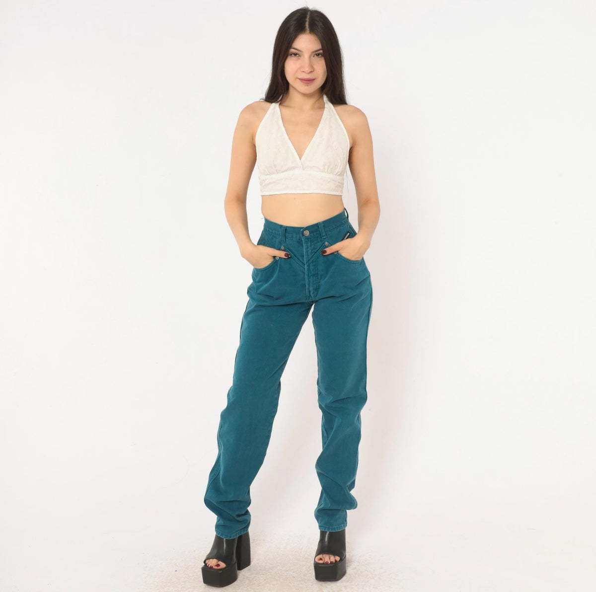90s Rocky Mountain Teal Denim High Waist Mom Jeans Tapered Straight Leg Extra Small XS