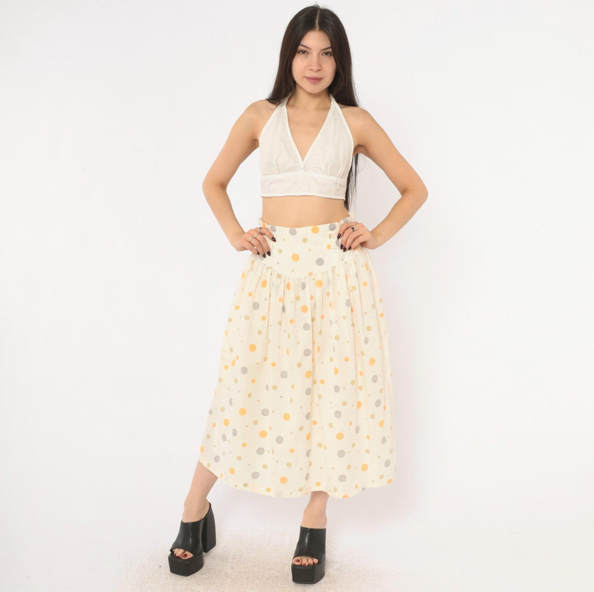 90s Polka Dot Midi Skirt Cream Orange Gray Cotton Gathered High Waist Medium