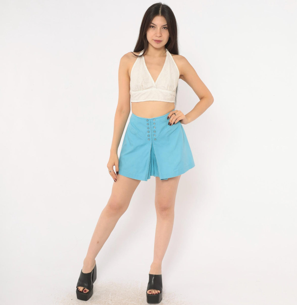 60s Powder Blue Cotton Skort High Waisted Pleated Mini Mod Small S