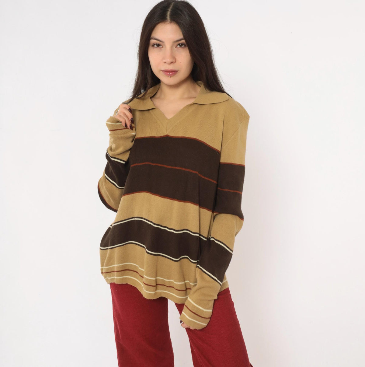 80s Alfie California Striped Polo Sweater Brown Tan Rust Medium
