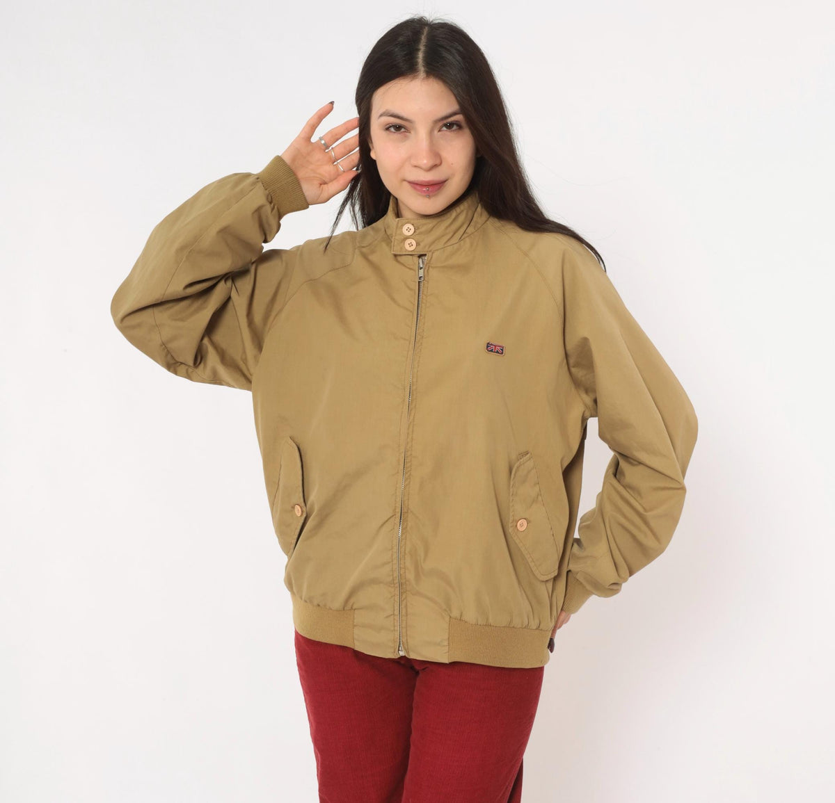 80s Brittania Harrington Jacket Beige Cotton Raglan Stand Collar Medium