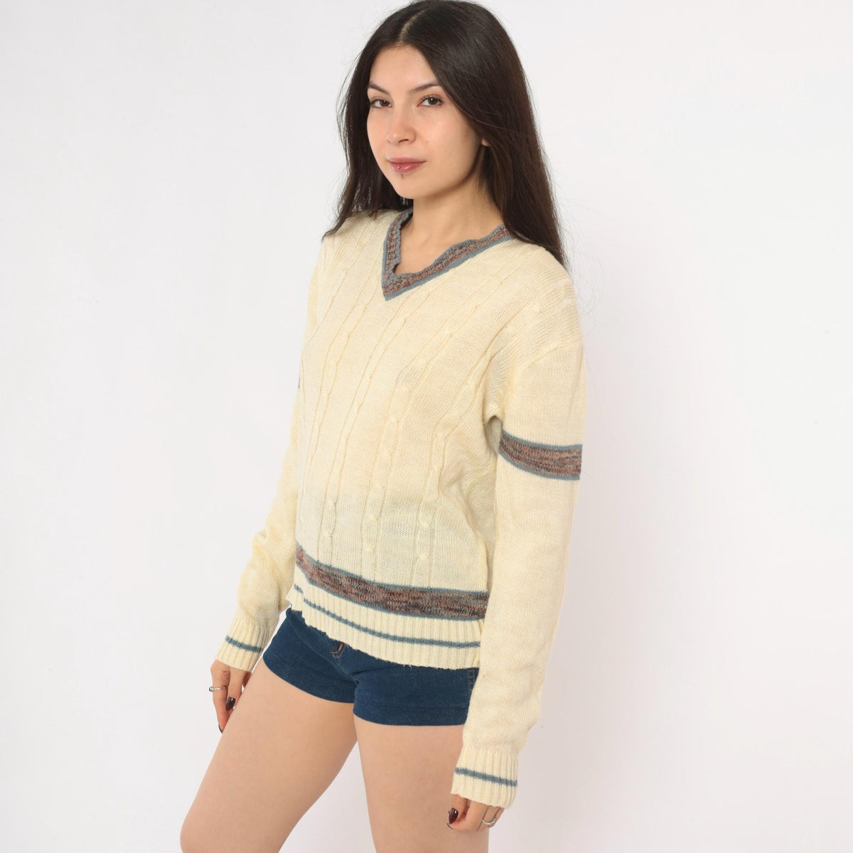 70s Kennington Cable Knit Sweater Cream V Neck Stripe Pullover Small