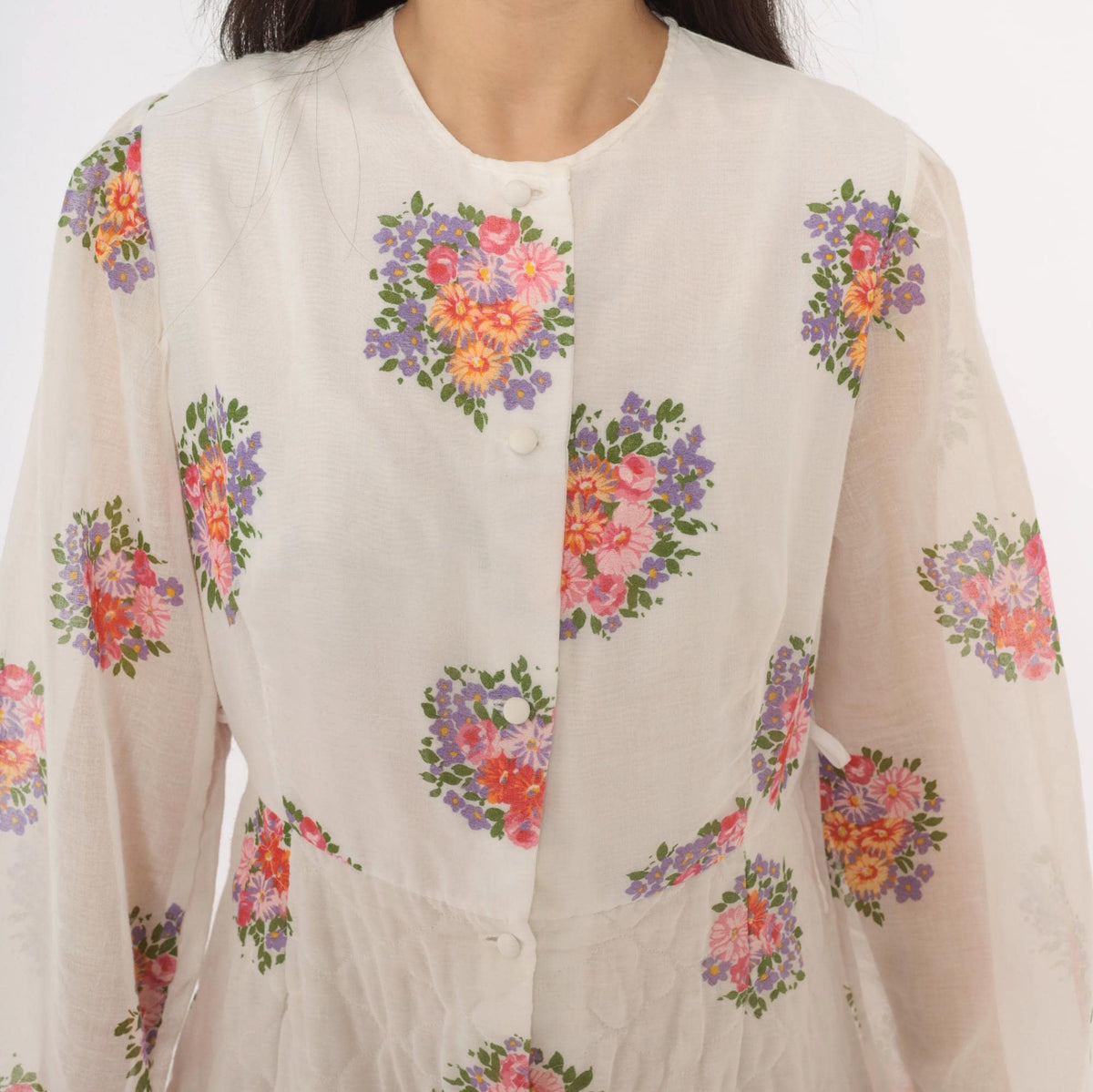 70s White Floral Quilted Maxi Dress Balloon Sleeve Button Front Small