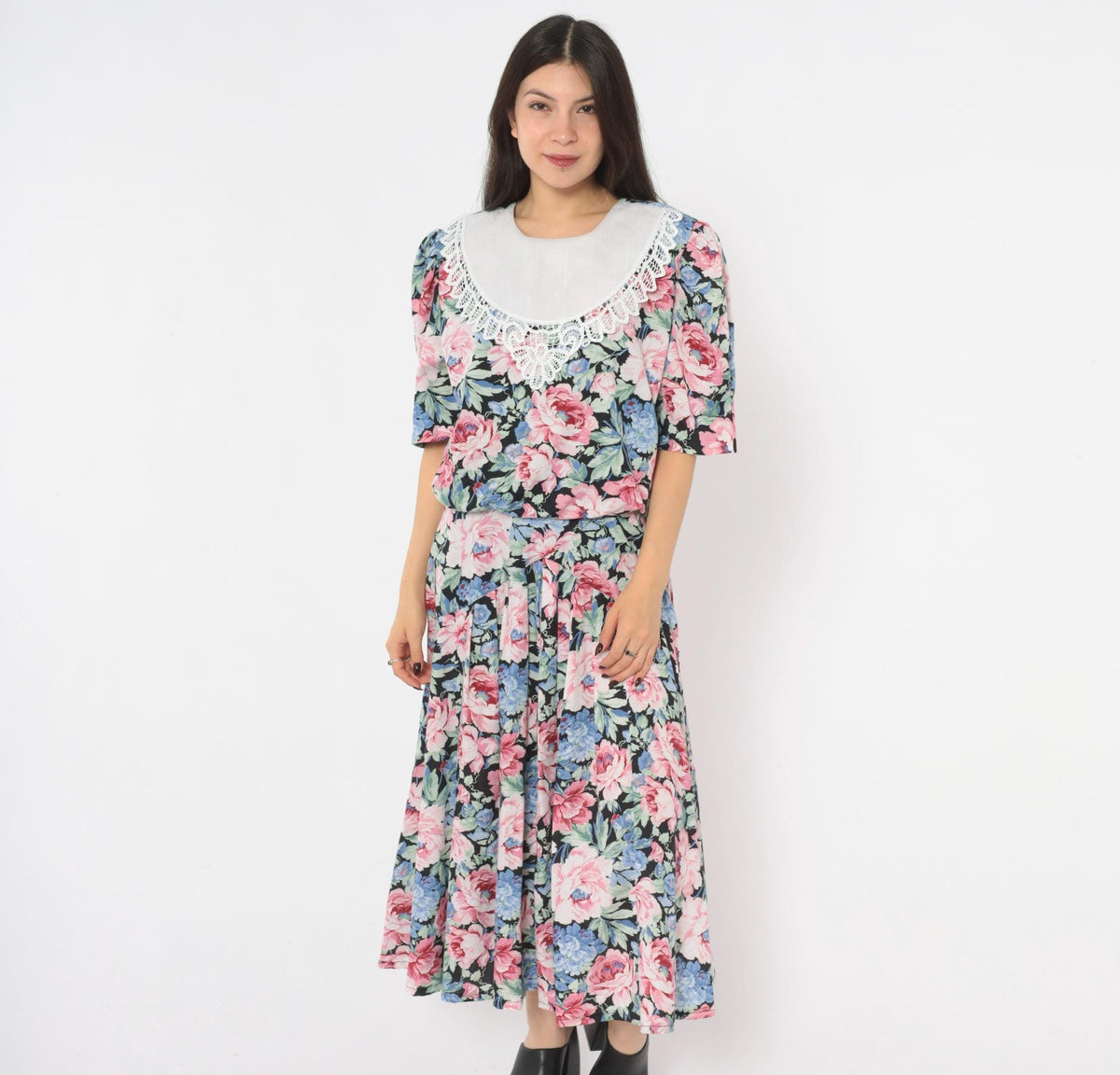 80s Floral Midi Dress Black Pink Rose Lace Collar Puff Sleeve Drop Waist Large L