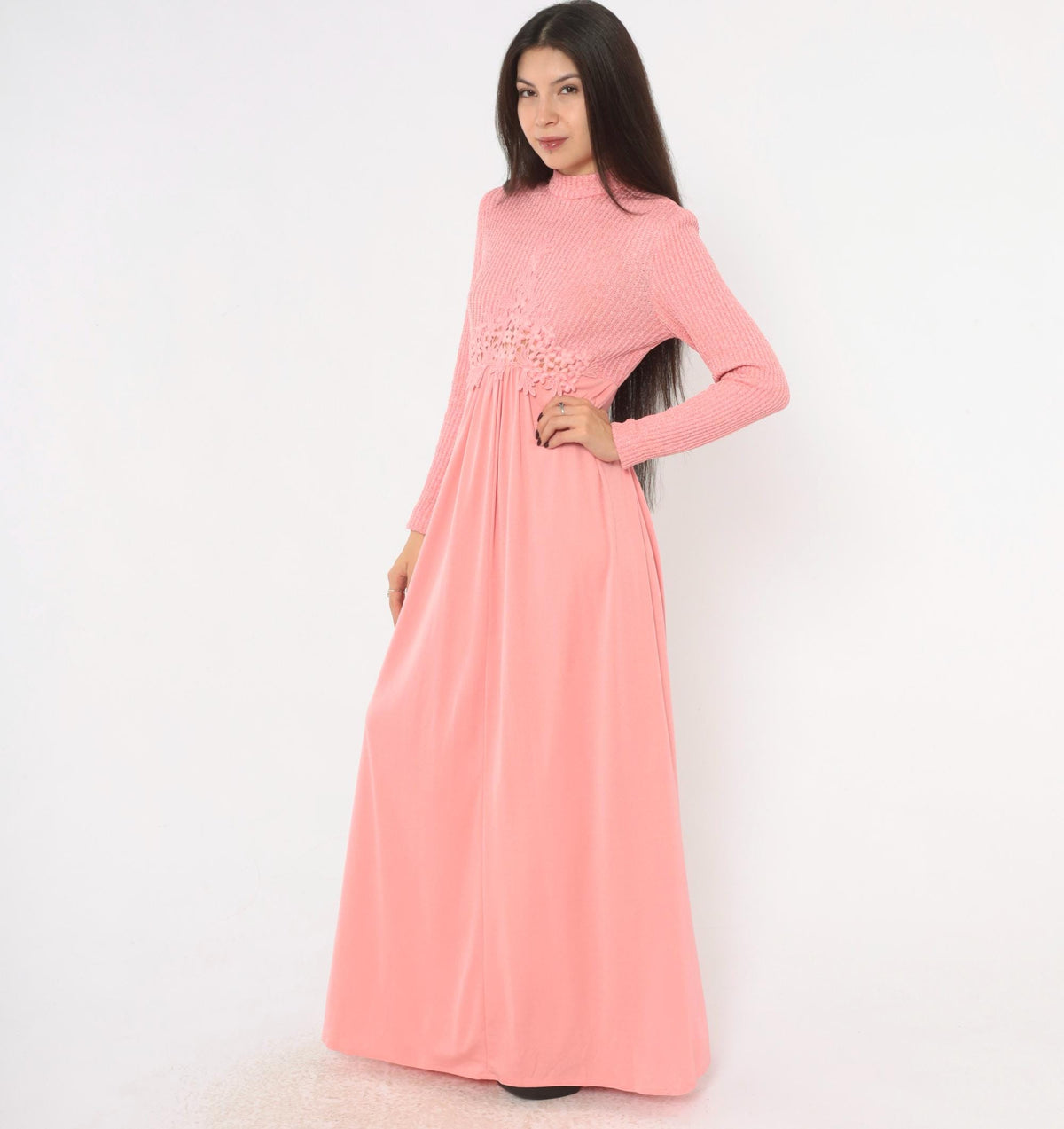 70s Pink Maxi Dress Knit Bodice Floral Lace Empire Waist Long Sleeve Medium