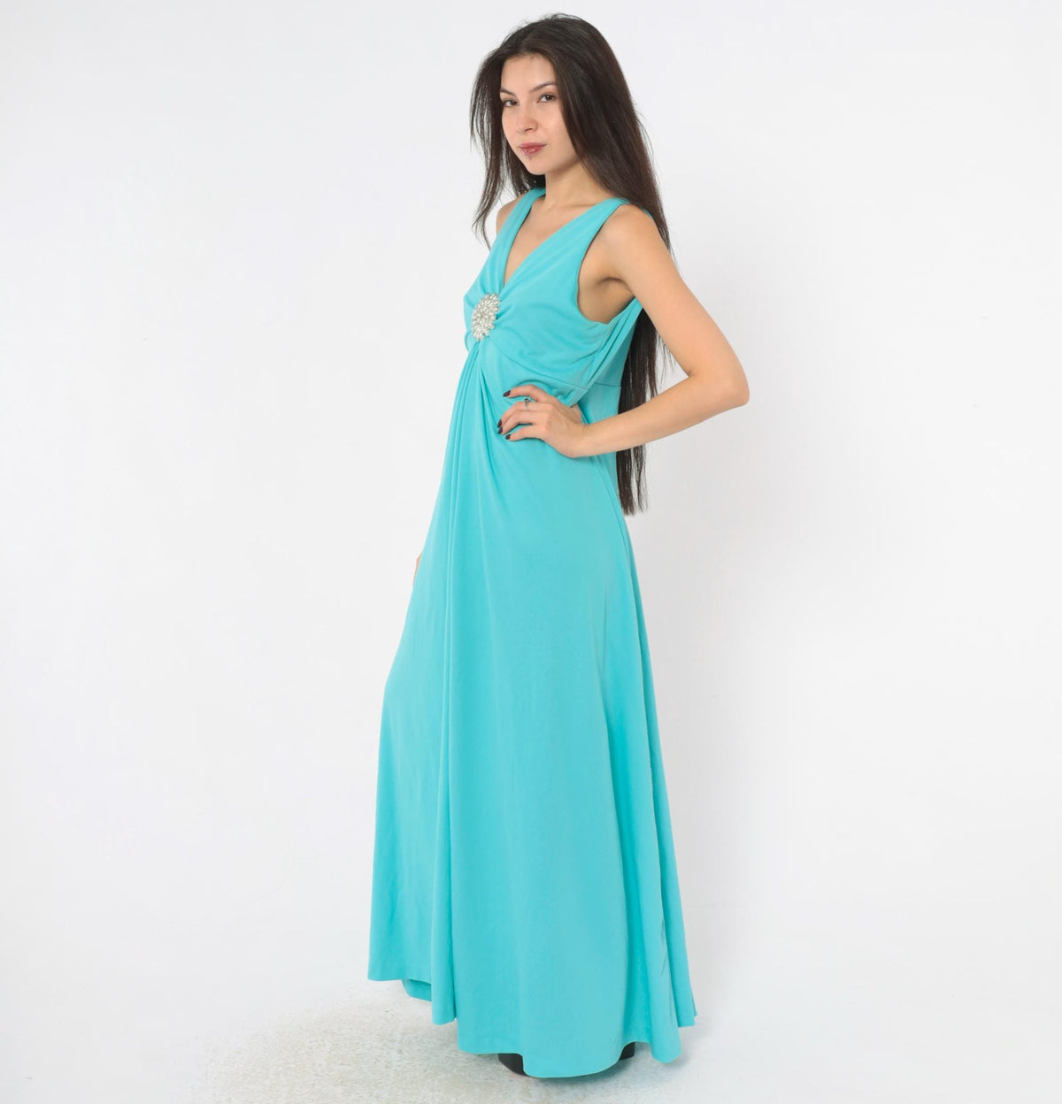 70s Turquoise Maxi Dress Deep V Neck Empire Waist Rhinestone Brooch Large L