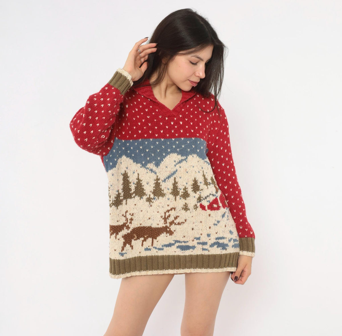 90s Liz Claiborne Hand Knit Reindeer Sweater Red Shawl Collar Small