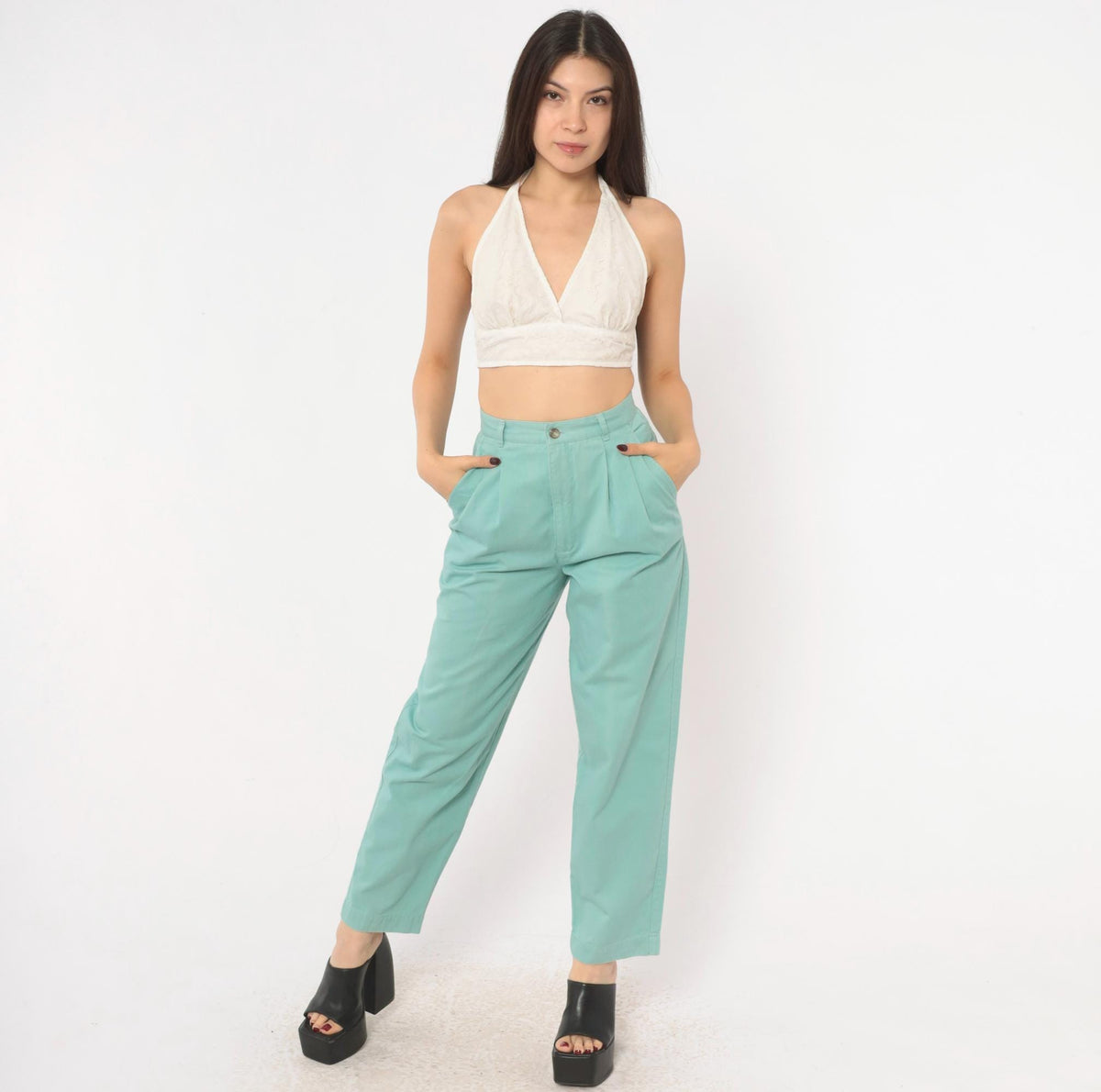 80s Petite Sophisticate Baby Blue Cotton High-Waist Pleated Tapered Trousers Extra Small