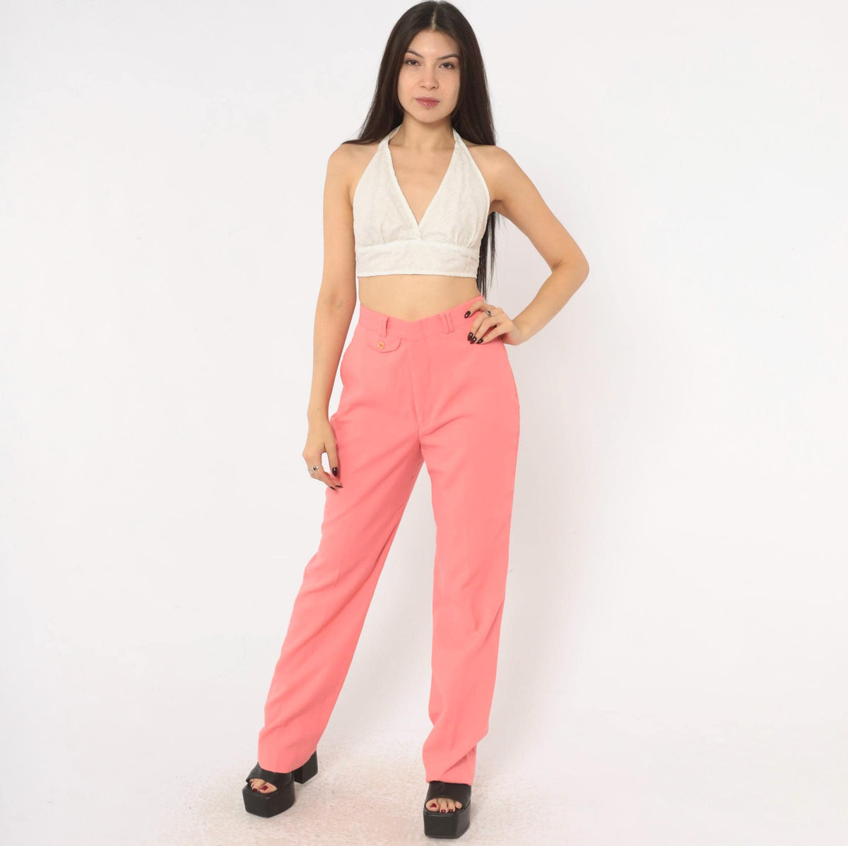 70s Funny Girl Peach High-Waist Straight Trousers Pleated Front Small