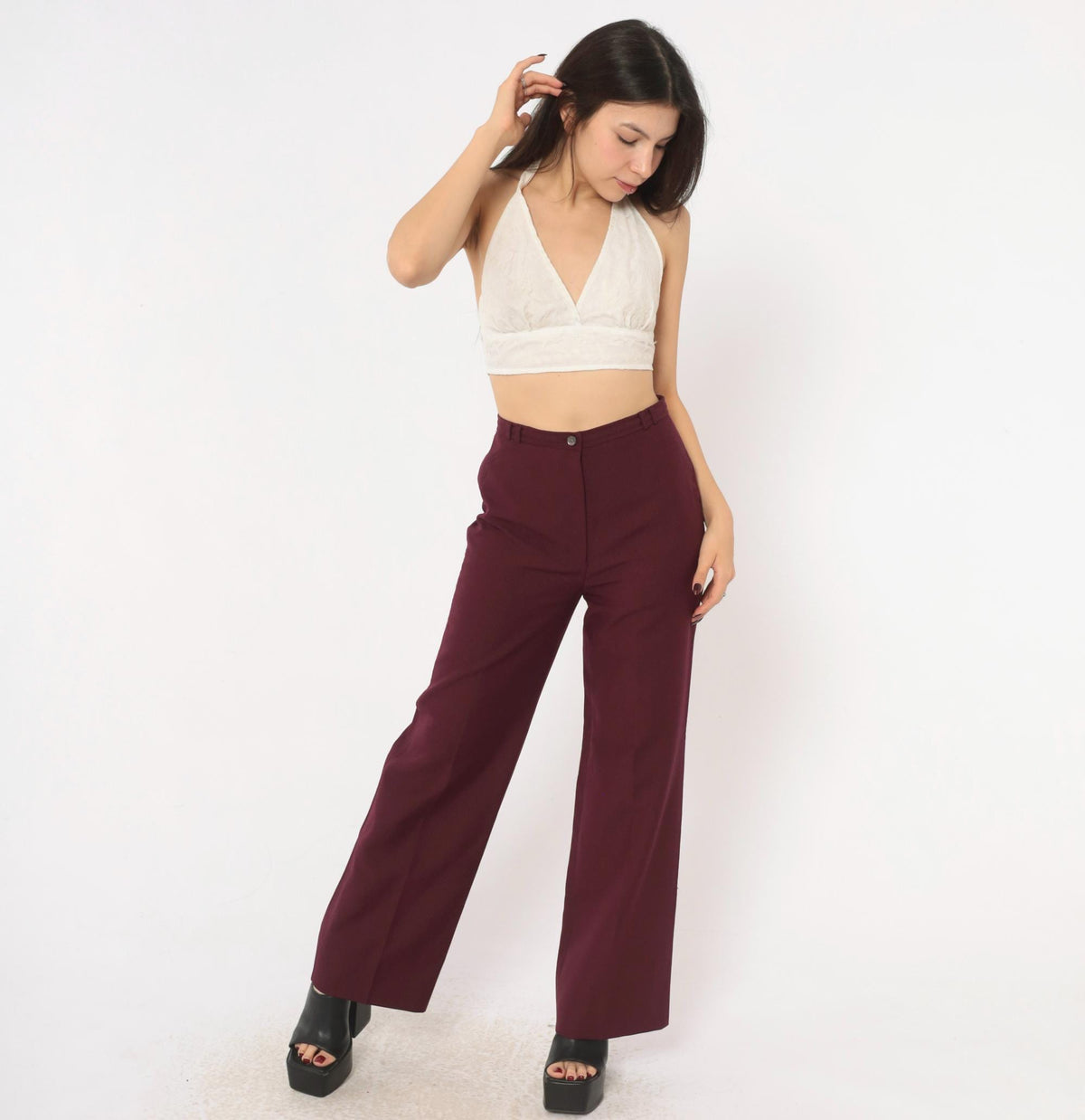 70s Panther Burgundy High-Waist Wide-Leg Trousers Disco Small S