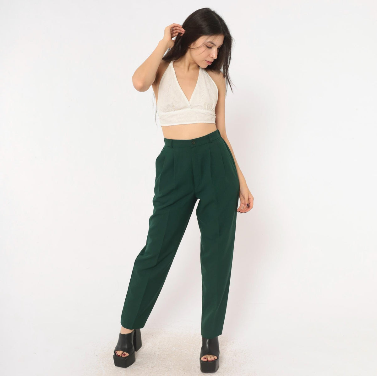 80s La Donna Forest Green Pleated High-Waist Trousers Tapered Leg Extra Small