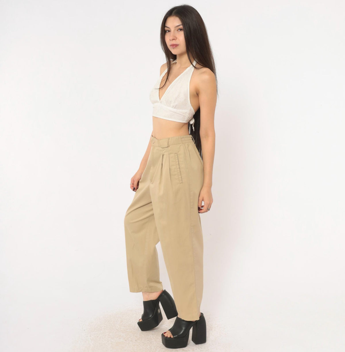 80s Casablanca Pleated Khaki Trousers High Waist Tapered Ankle Beige Medium