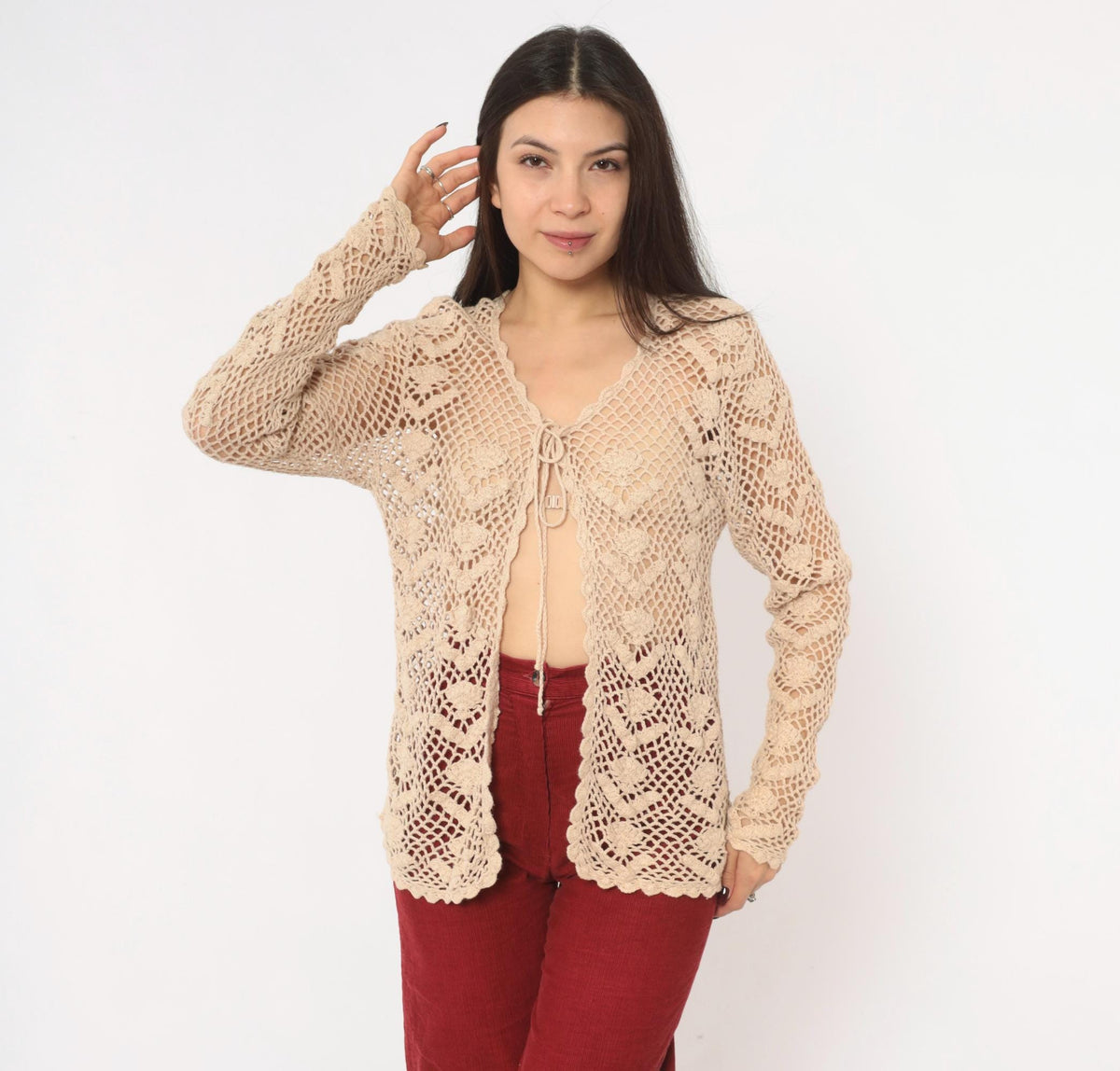 90s Beige Crochet Cardigan Floral Openwork Knit Small S