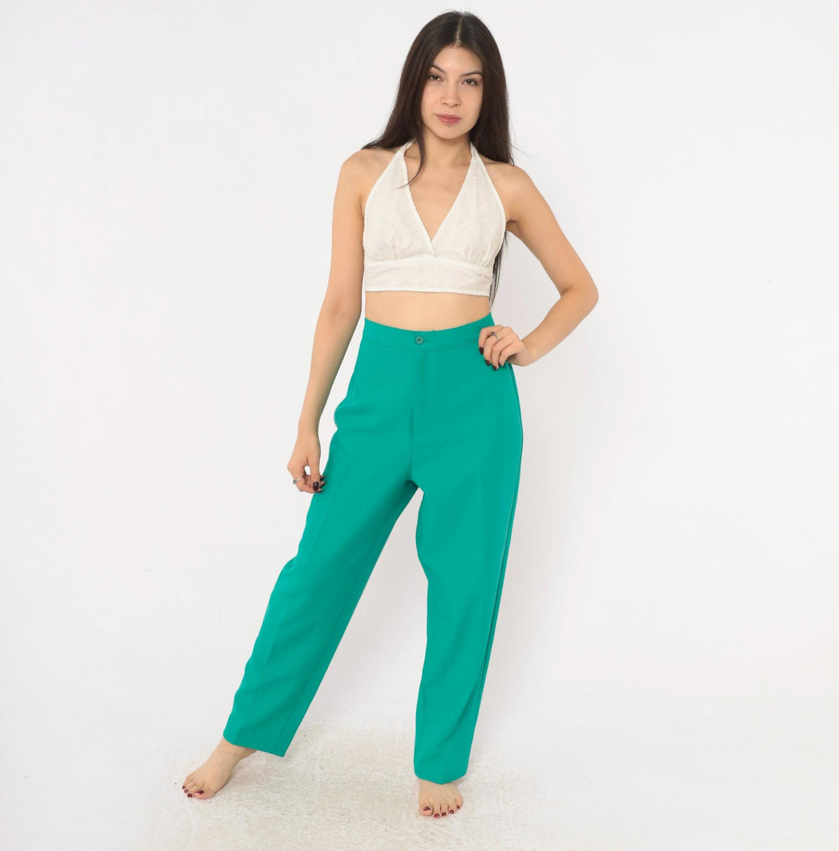 70s Bend Over Teal High Waist Straight Leg Trousers Petite Large