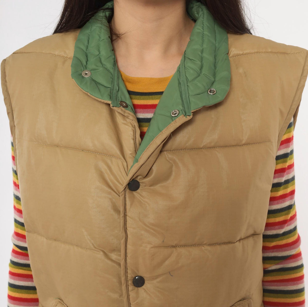 80s Aramis Devin Puffer Vest Tan Reversible Green Quilted Snap Medium