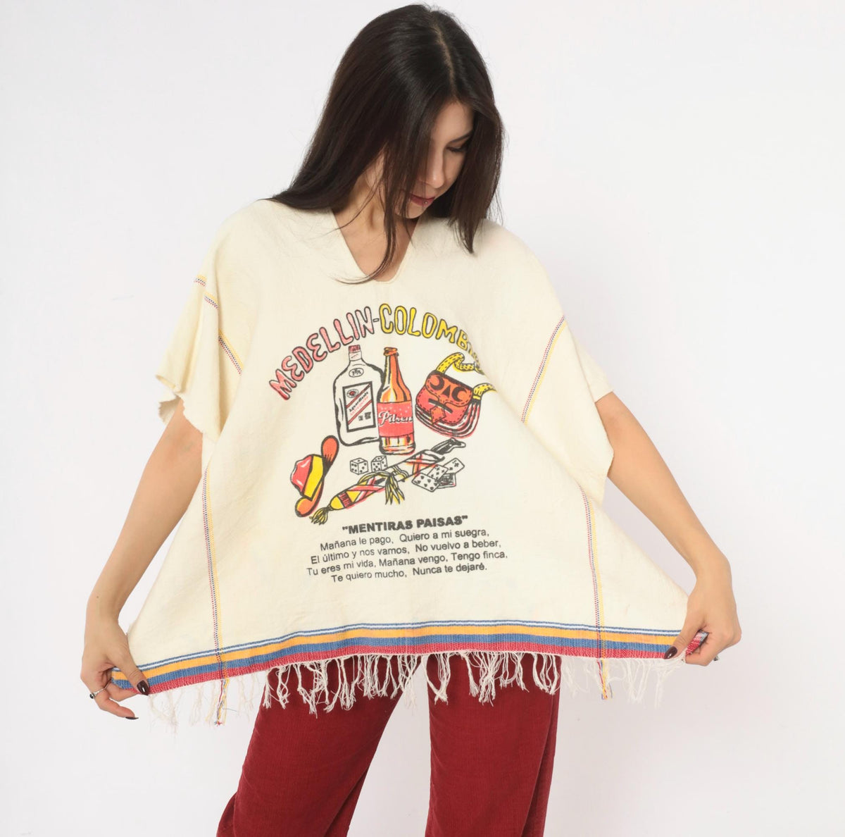 80s Medellin Colombia Souvenir Poncho Cream Cotton Graphic V Neck Fringe One Size