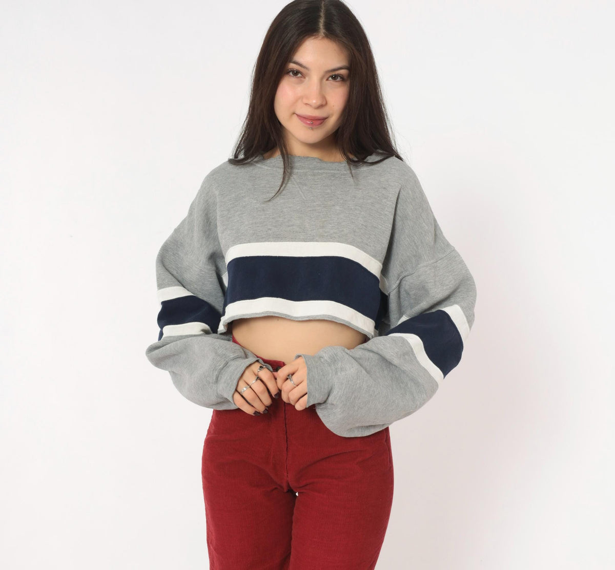 90s Decker Sportswear Cropped Sweatshirt Grey Navy Stripe Boat Neck Small