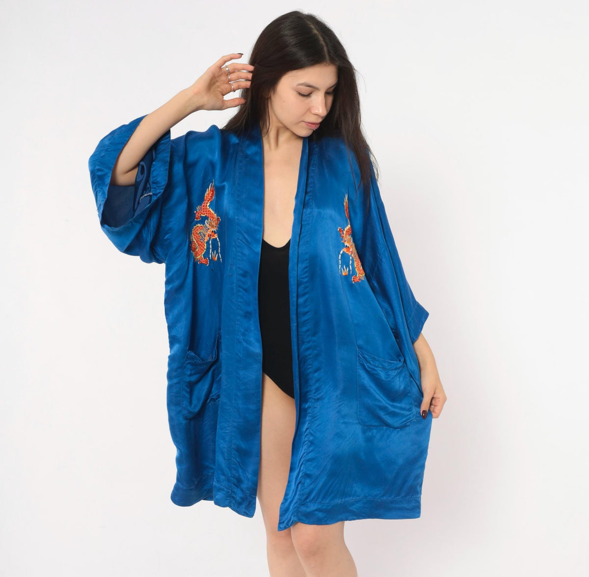 90s Golden Deer Silk Kimono Robe Cobalt Blue Dragon Embroidered Medium