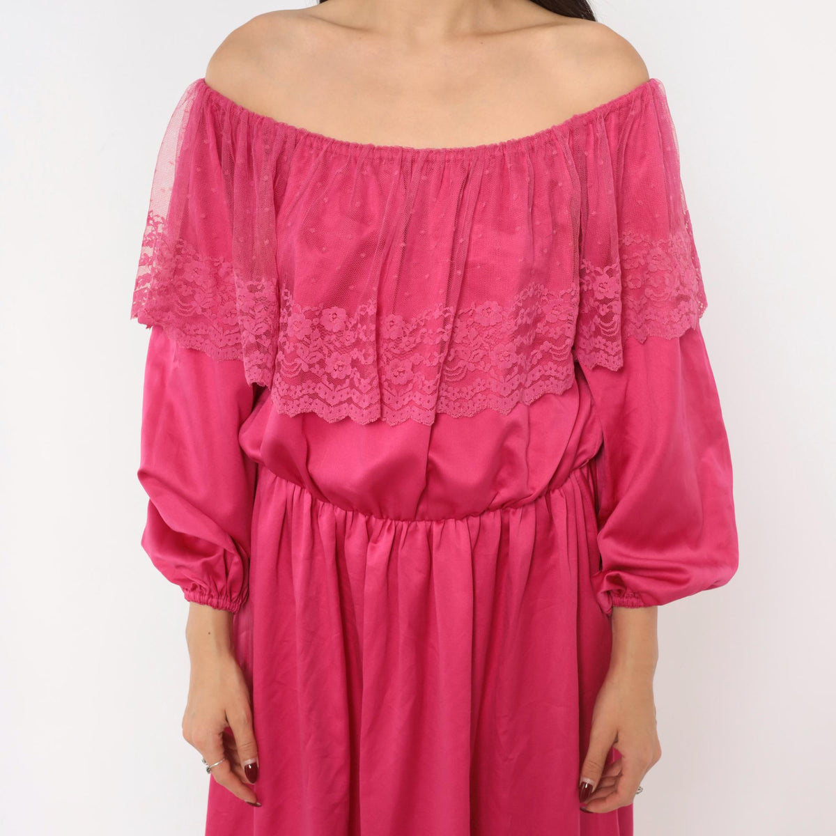 80s Hot Pink Off-Shoulder Midi Dress Lace Ruffle Balloon Sleeve Medium M