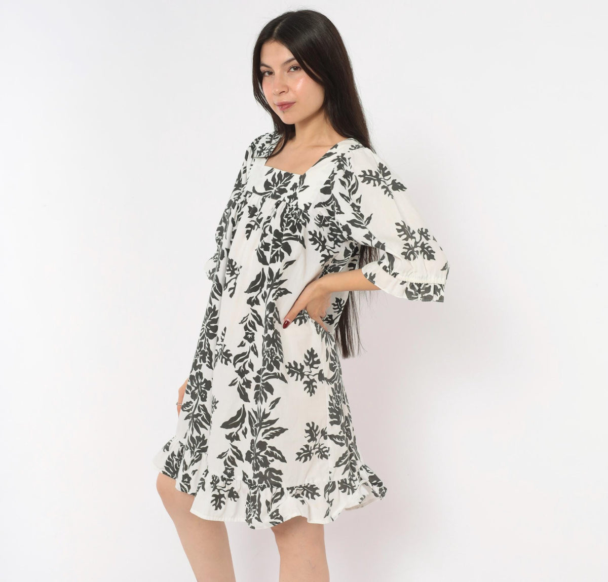 90s Nani Liberty House Hawaiian Floral Square Neck Puff Sleeve Dress Black White Small S