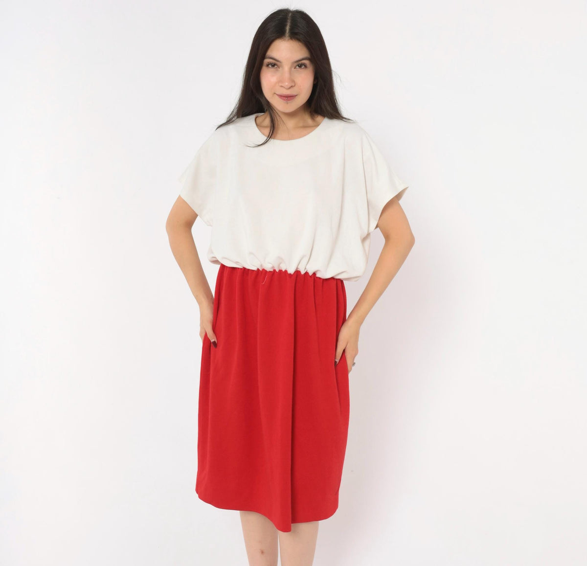 80s Leslie Fay Colorblock Dress White Red Gathered Waist Knee-Length Plus Size 1X