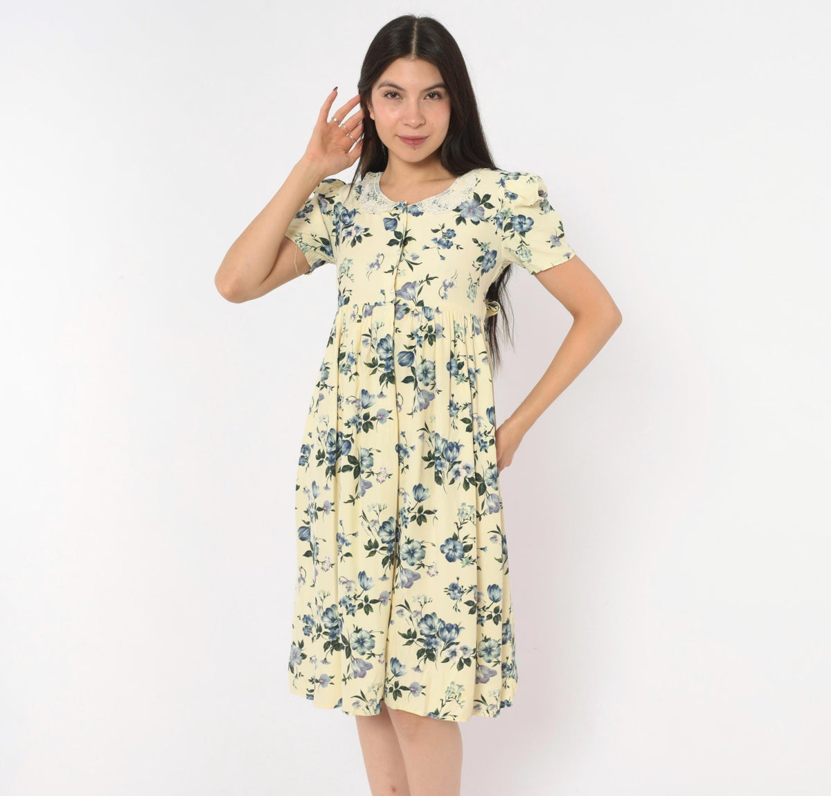 90s Swat Floral Babydoll Dress Cream Blue Puff Sleeve Lace Collar Extra Small XS