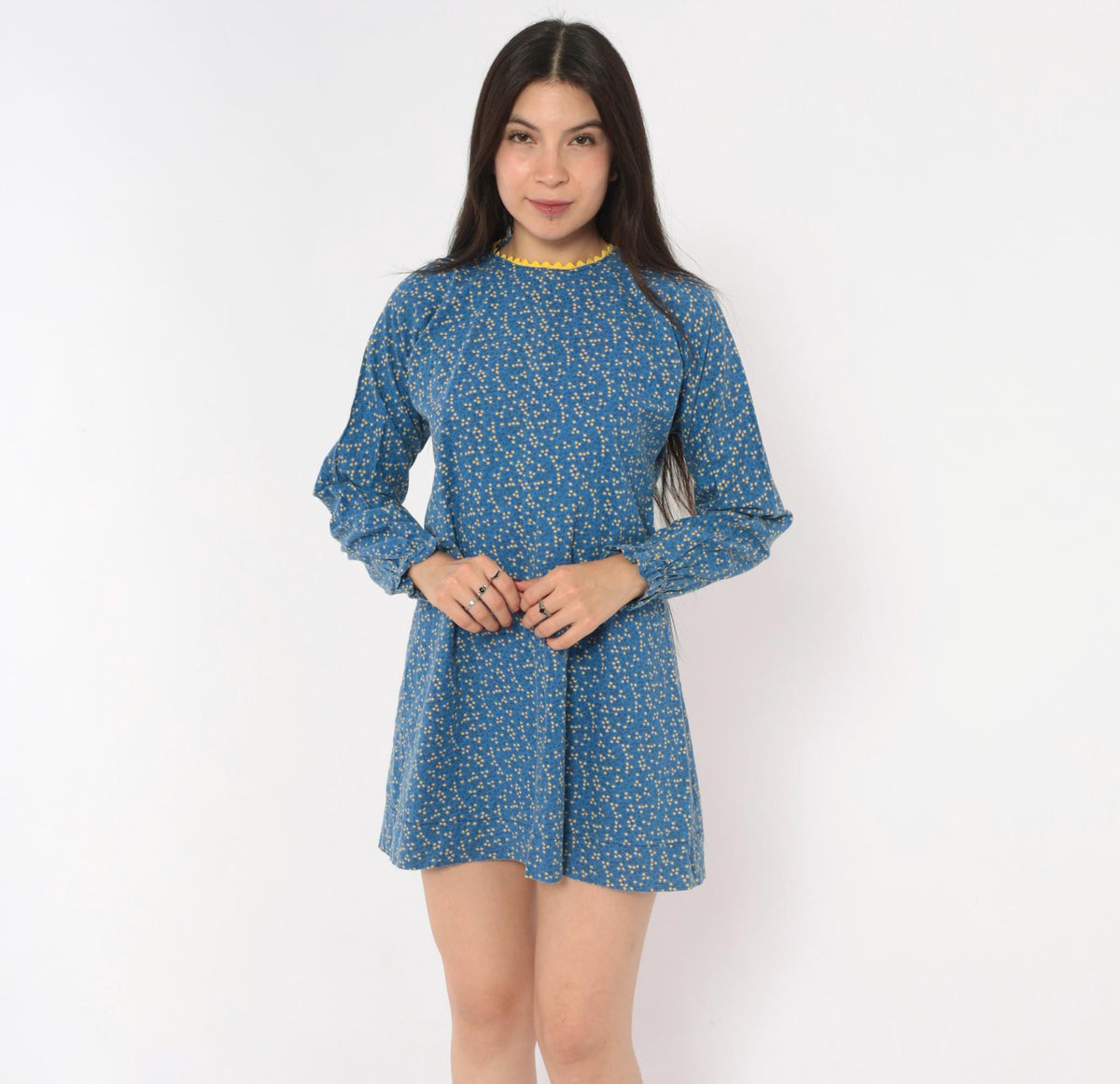 70s Ditsy Floral Cotton Mini Dress Blue Yellow Ric Rac Long Sleeve Extra Small XS