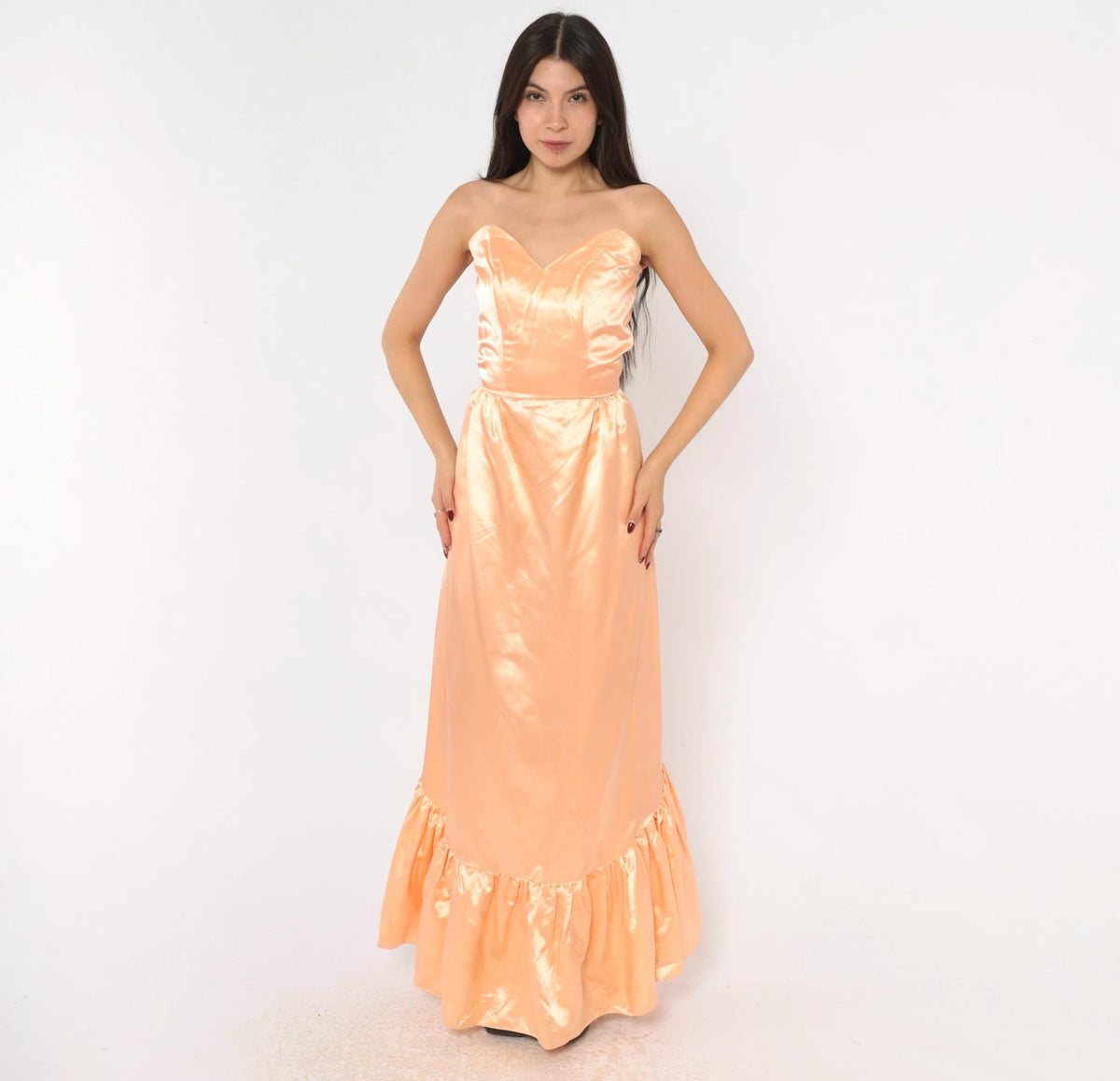 80s Peach Satin Strapless Maxi Gown Sweetheart Neckline Lace Bustle Small