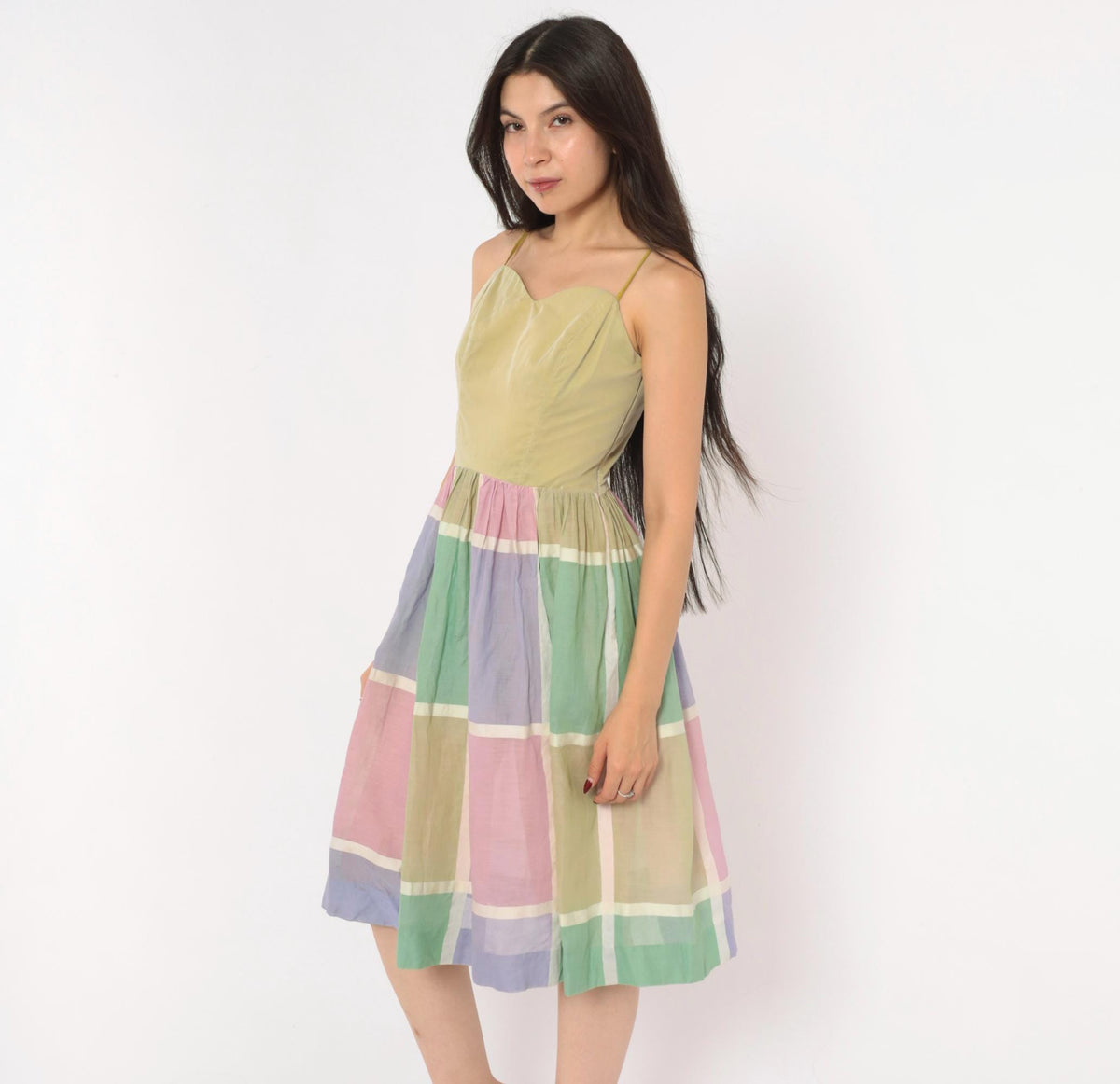 60s Pastel Plaid Sundress Sweetheart Neckline Gathered Skirt Cotton XS
