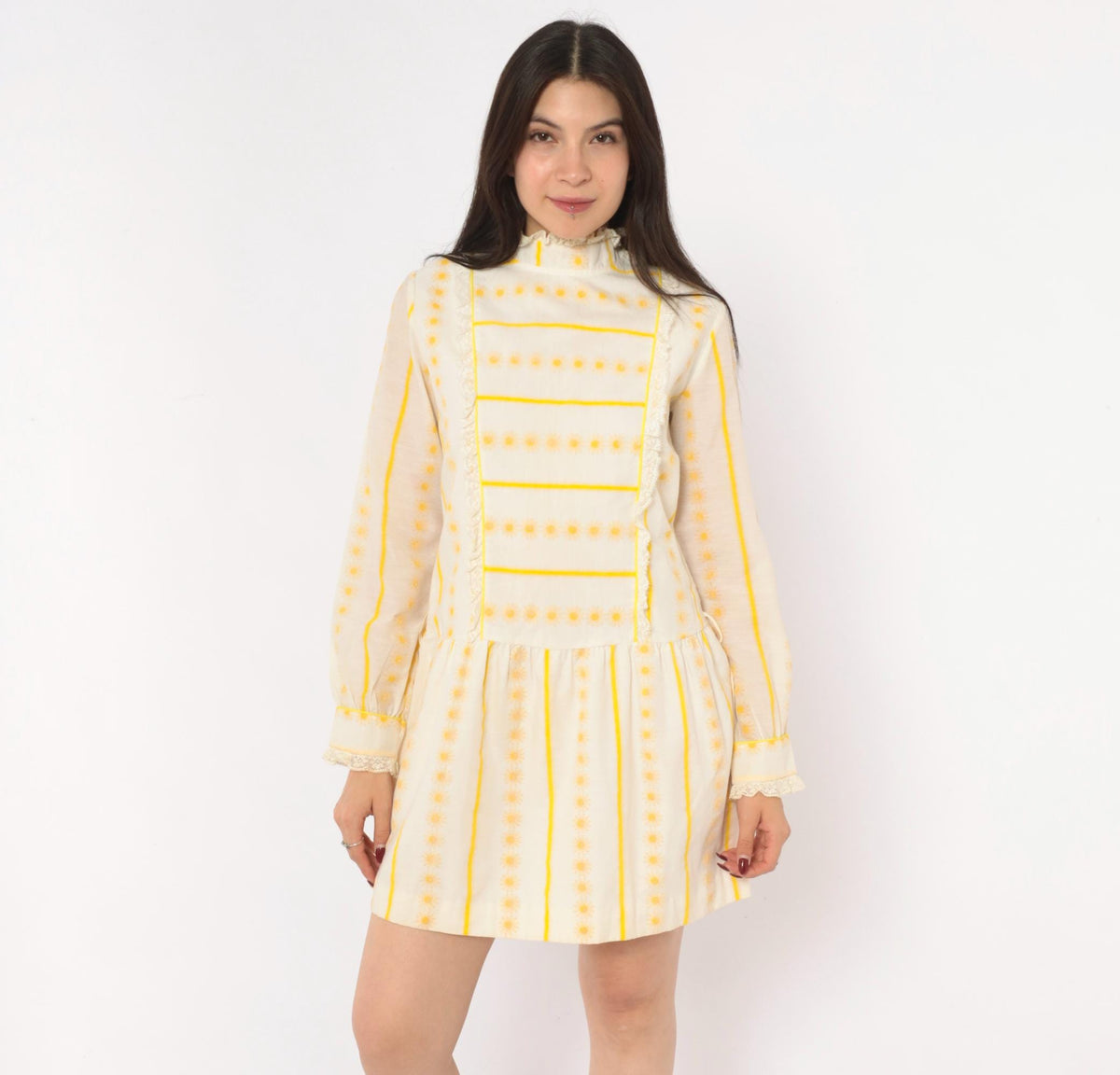 60s Miss Brent Daisy Stripe Mini Dress Yellow Cream Lace High Neck Long Sleeve Extra Small