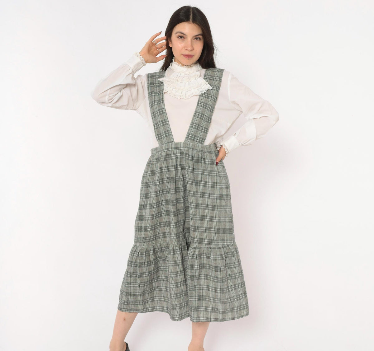 90s Grey Glen Plaid Pinafore Dress V-Neck Suspender Straps Tiered Ruffle Medium M