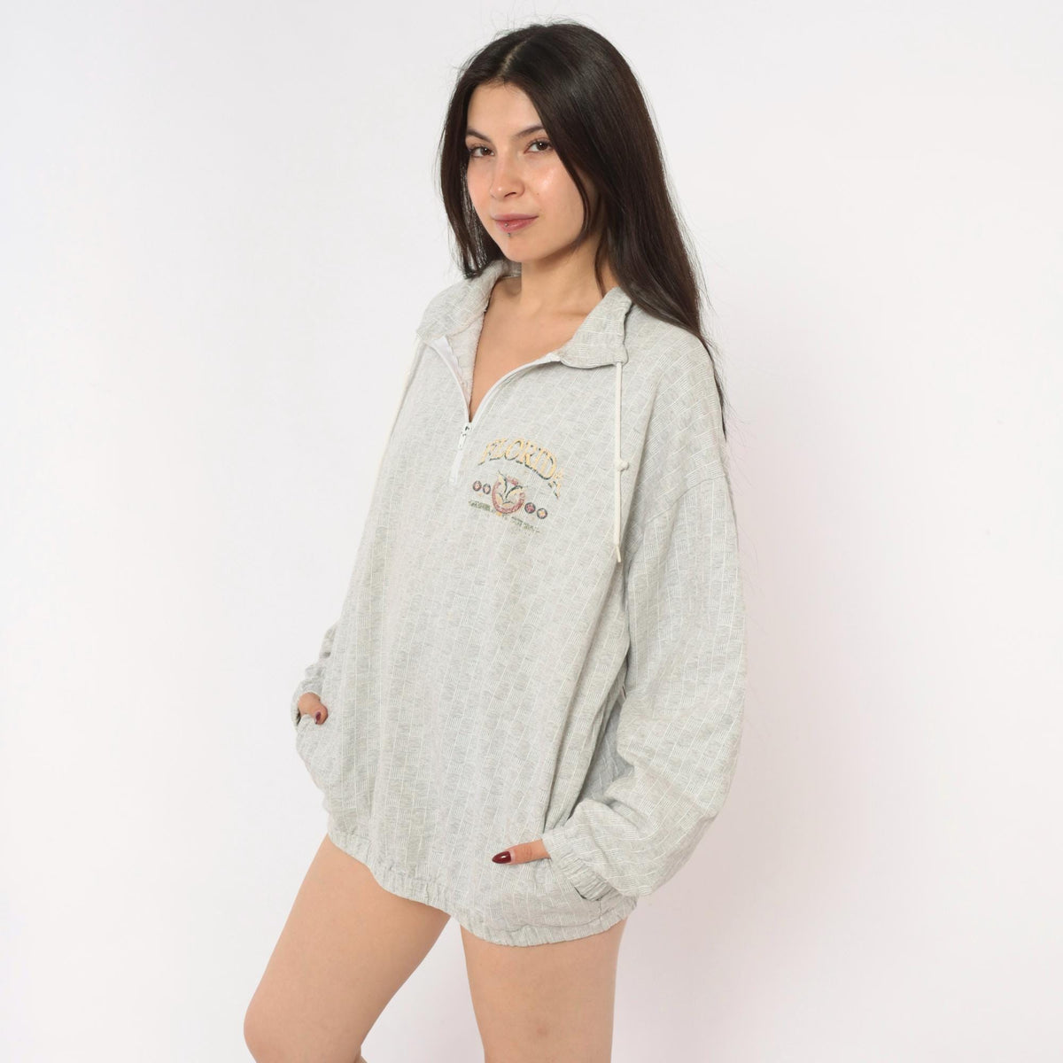 90s Tropical Casuals Florida Half-Zip Pullover Grey Cotton Waffle Knit Large