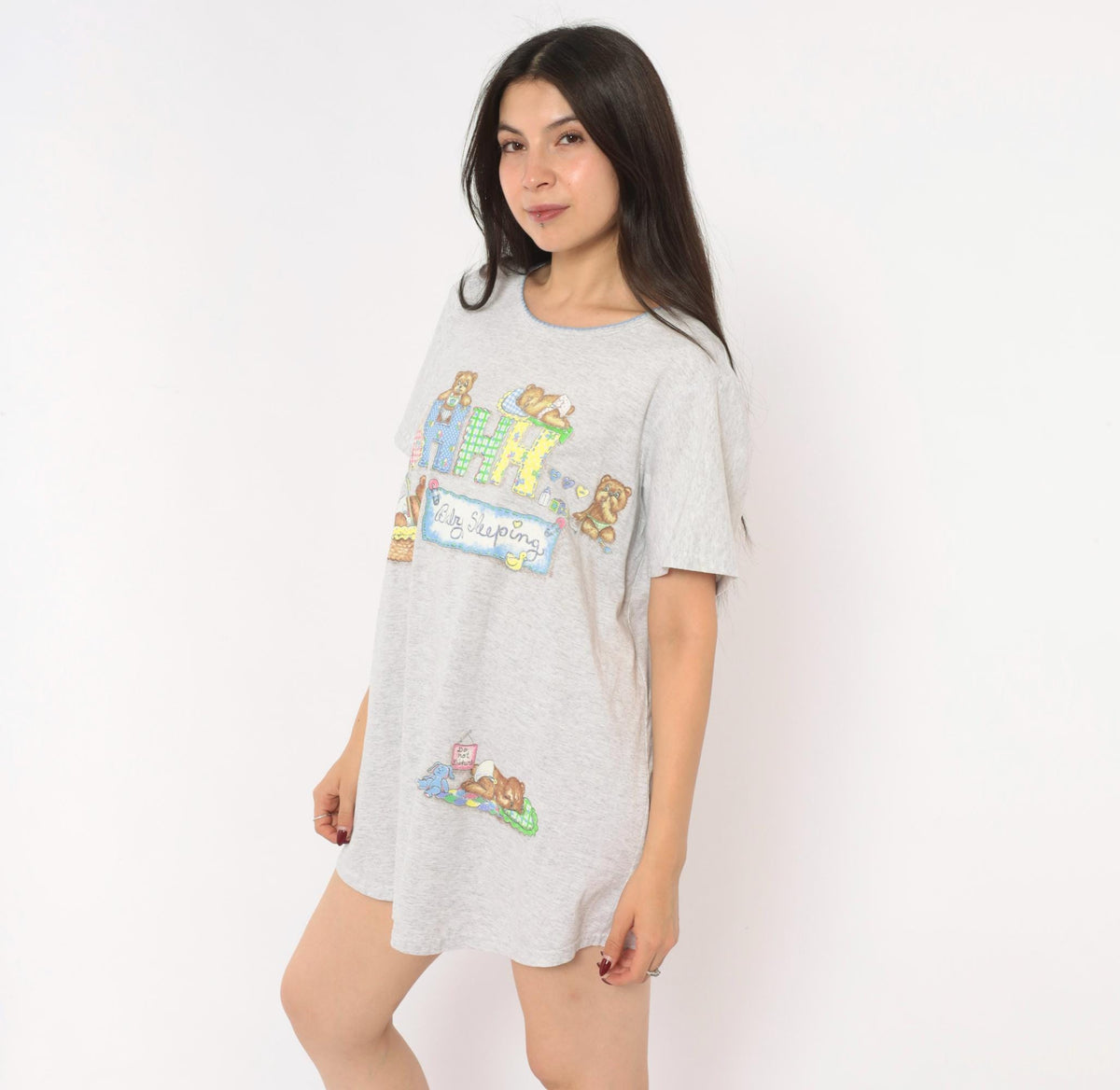 90s New Addition Maternity Sleep Shirt Grey Teddy Bear Graphic Medium