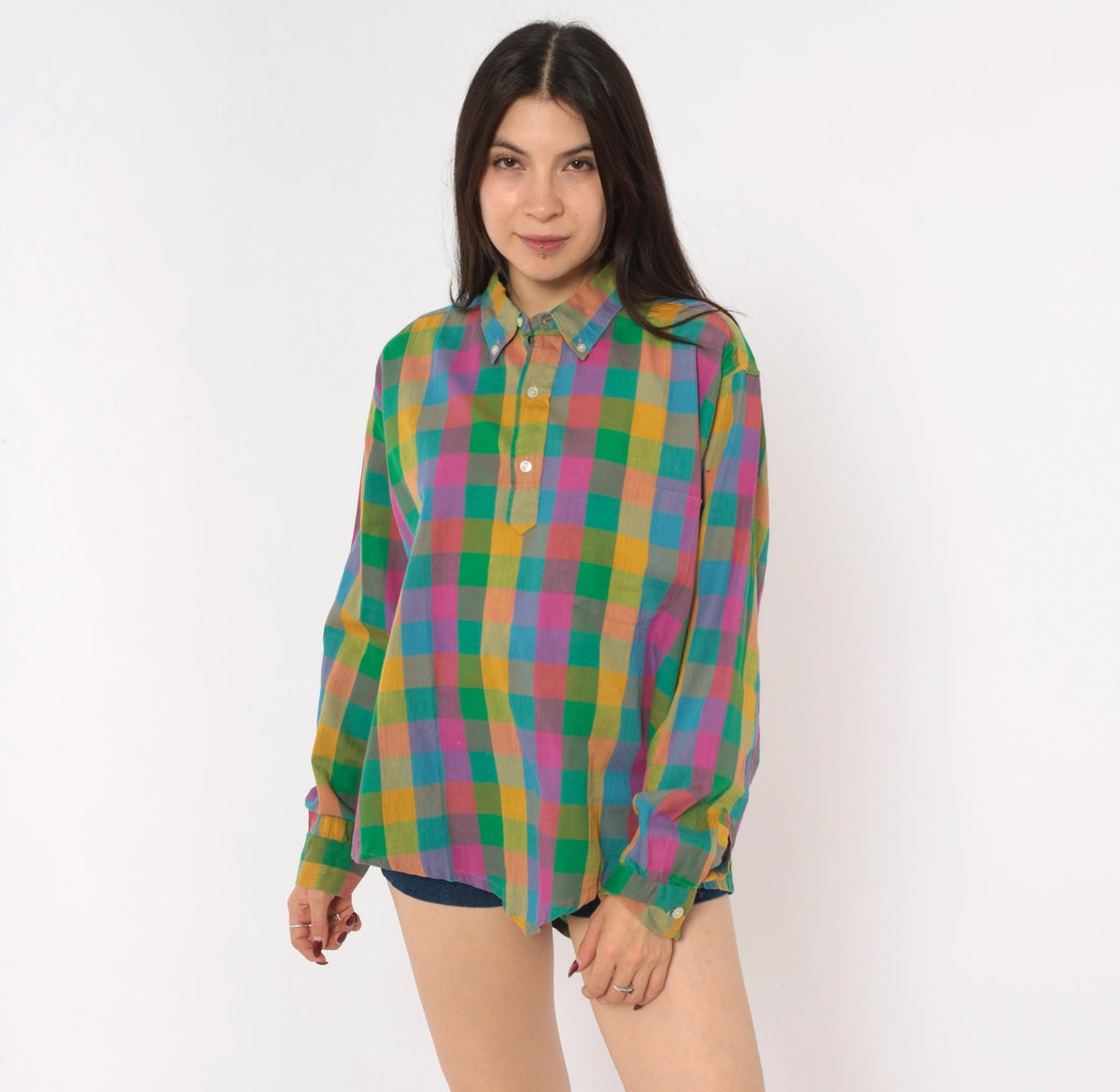 70s Career Club Madras Plaid Button-Down Shirt Multicolor Gingham Large L
