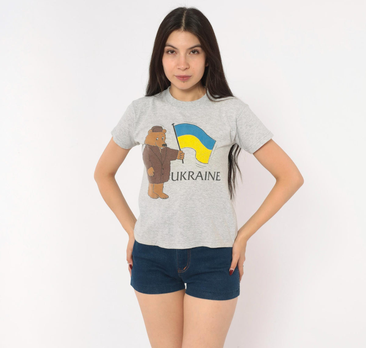 80s Screen Stars Ukraine Bear Graphic Baby Tee Grey Heather Extra Small XS