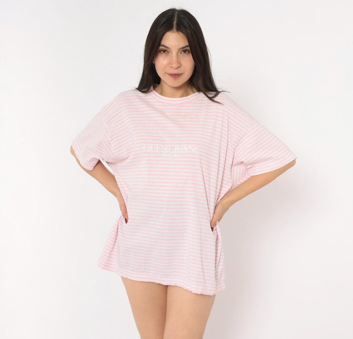 Guess Jeans USA Pink White Striped Cotton Tee Embroidered Logo Large